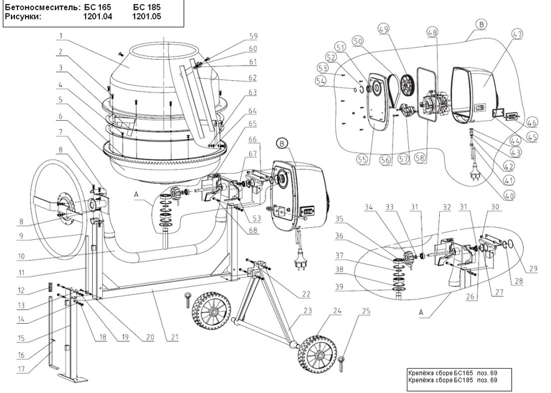 ЗАПЧАСТИ ДЛЯ БЕТОНОСМЕСИТЕЛЯ ЭЛЕКТРИЧЕСКОГО ELITECH БС 165